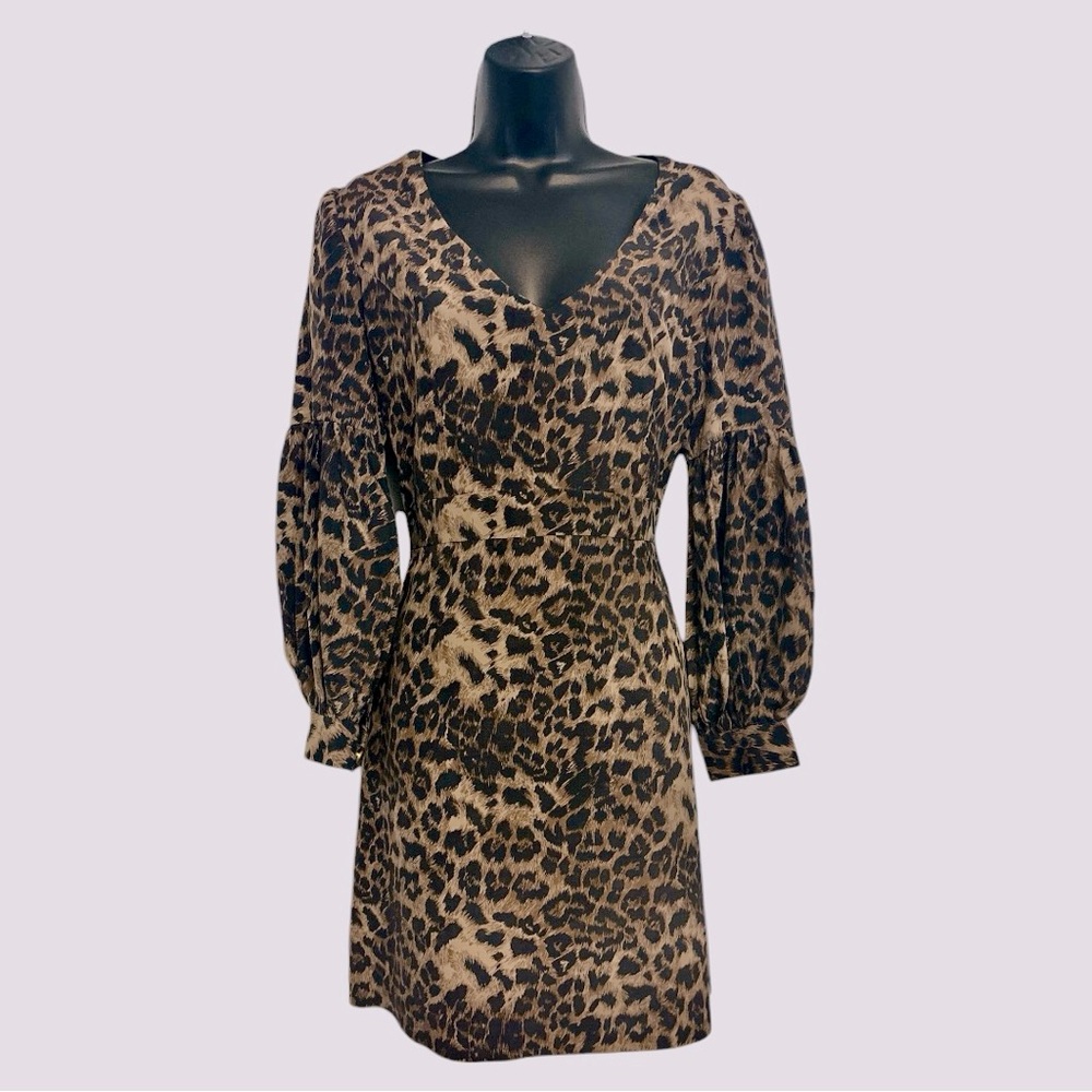 Animal Print Mini Mid Puff Sleeves Dress Fran Maness Size Small NWOT